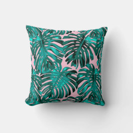 Cojín Decorativo Hojas tropicales de la selva rosada de Monstera
