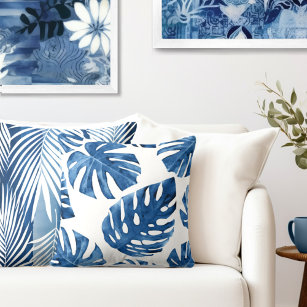 Cojín Decorativo Hojas tropicales de palma blanca y azul