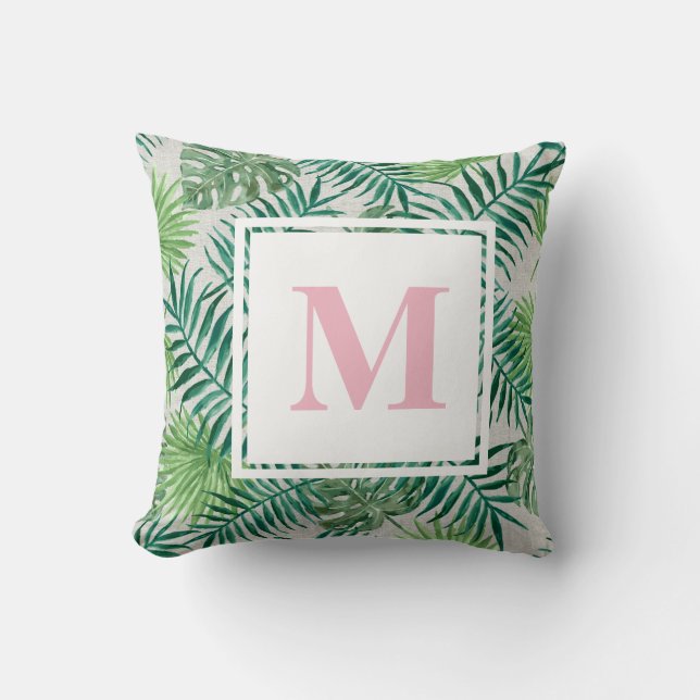 Cojín Decorativo Hojas tropicales de palmera | Monograma rosa (Anverso)