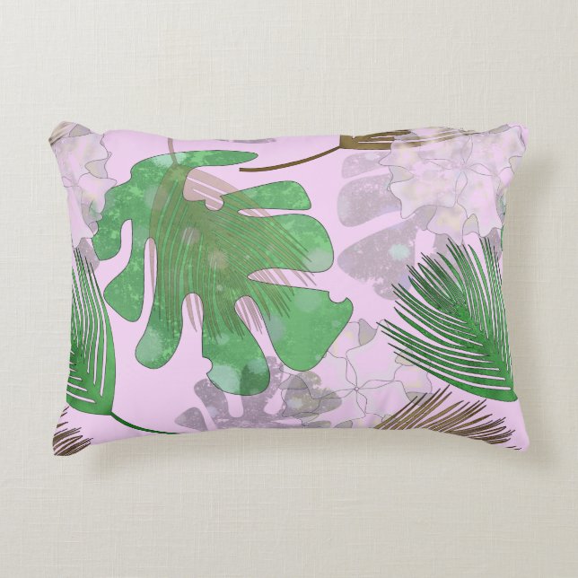 Cojín Decorativo Hojas tropicales en rosa pálido. (Anverso)