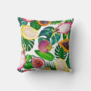 Cojín Decorativo Hojas tropicales, frutas, gouache sin costura.