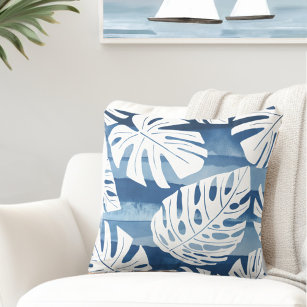 Cojín Decorativo Hojas tropicales modernas de palma blanca azul