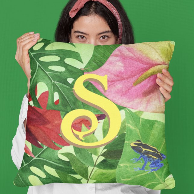 Cojín Decorativo Hojas tropicales personalizadas Rana de la jungla  (Initial Tropical cushion
)