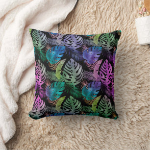 Cojín Decorativo Hojas Tropicales Purpura Turquesa Negro Irisado