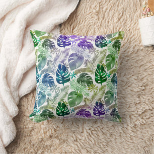 Cojín Decorativo Hojas Tropicales Purpura Verde Teal Blanco