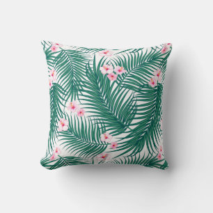 Cojín Decorativo Hojas tropicales verdes con flores de hibiscus