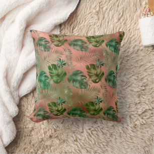 Cojín Decorativo Hojas Tropicales Verdes Terracota Rosa Irisada