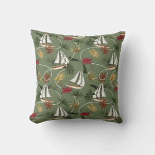 Cojín Decorativo Hojas tropicales vintage, barco y mar de cuerda de