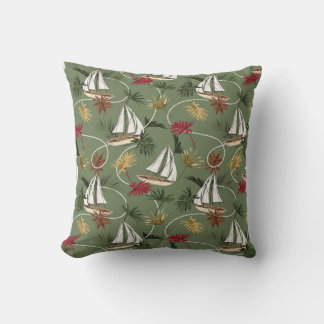 Cojín Decorativo Hojas tropicales vintage, barco y mar de cuerda de