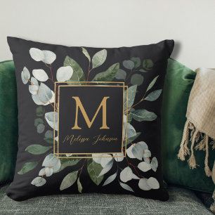 Cojín Decorativo Hojas Verdes Tropicales de Acuarela en Negro Monog