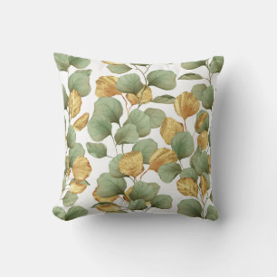 Cojín Decorativo Hojas verdes y doradas. Diseño