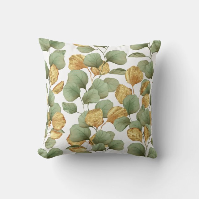 Cojín Decorativo Hojas verdes y doradas. Diseño (Anverso)