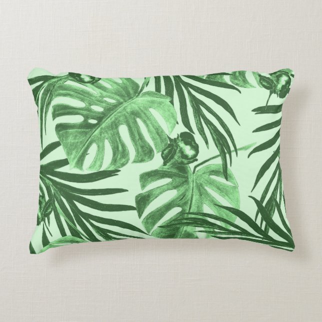 Cojín Decorativo Hojas y flores tropicales, patrón de acuarela. (Anverso)