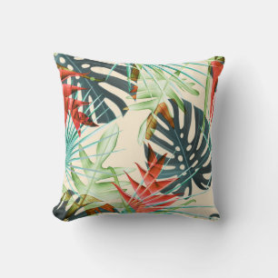 Cojín Decorativo Hojas y flores tropicales: Patrón vibrante