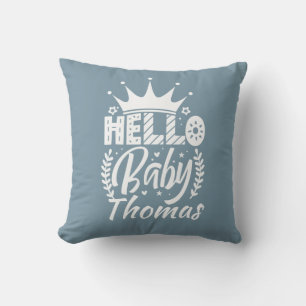 Cojín Decorativo Hola bebé con nombre de bebé de la corona azul