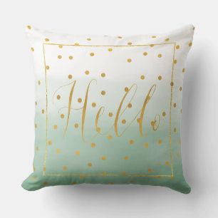 Cojín Decorativo Hola con confeti dorado y acuarela menta