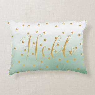 Cojín Decorativo Hola con confeti dorado y acuarela menta