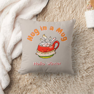Cojín Decorativo Hola Invierno Abrazo en una Taza Ilustración Kawai