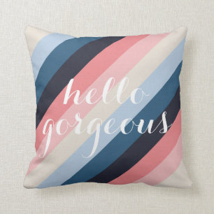Cojín Decorativo hola magnífica raya azul rosa retro texto blanco