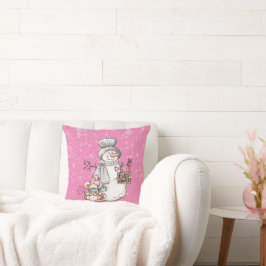 Cojín Decorativo Hola Navidades del ratón y snowman rosado en invie
