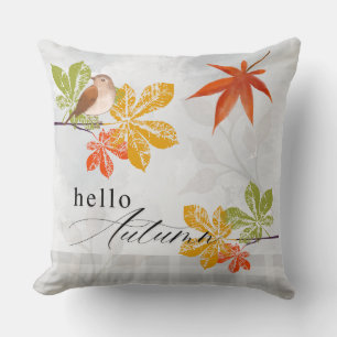 Cojín Decorativo Hola Otoño con Pájaro y Hojas de Otoño