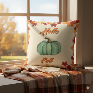 Cojín Decorativo Hola Otoño - Decoración Acogedora de Calabaza Verd