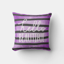 Cojín Decorativo Hola rayas púrpuras de la acuarela de la escritura