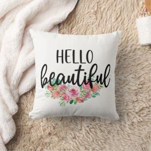 Cojín Decorativo Hola Tipografía Chic de Rosas en Acuarela Hermosas