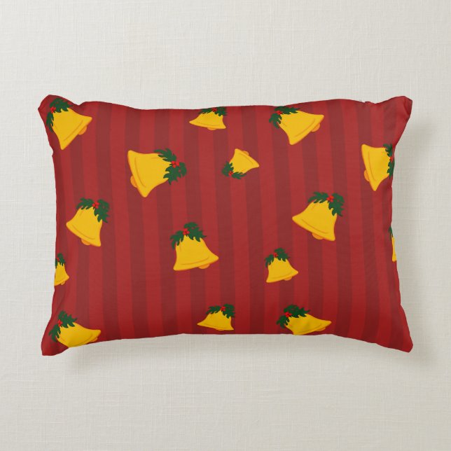 Cojín Decorativo Holiday Red Gold Stripe Bells Christmas (Anverso)