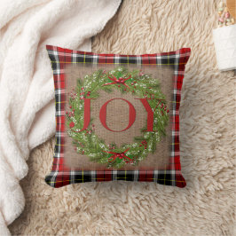 Cojín Decorativo Holly Berry Wreath JOY Plaid Burlap Navidades