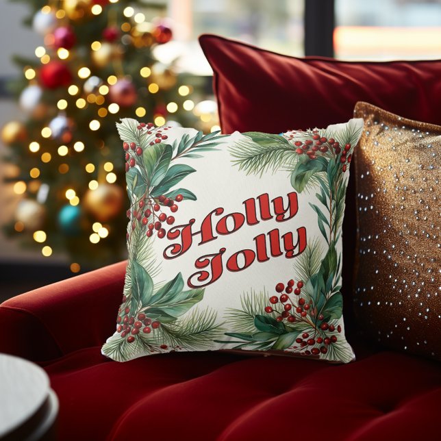 Cojín Decorativo "Holly Jolly" Navidades decorativos Script & Holly (Traditional Christmas Decor Festive "Holly Jolly" Pine and Holly Decorative Christmas Throw Pillow)