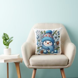 Cojín Decorativo Hombre de nieve festivo en azul y plata