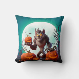 Cojín Decorativo hombre lobo y calabazas de Halloween