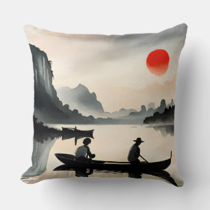 Cojín Decorativo Hombres japoneses navegando en barco paisaje fluvi
