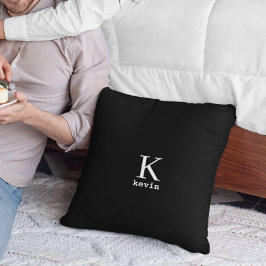 Cojín Decorativo Hombres monograma nombre personalizado negro y bla