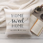 Cojín Decorativo Home Sweet Home Personalized Striped<br><div class="desc">Simply charming in a rustic modern style,  our striped throw pillow makes a sweet housewarming gift. Design features light tan beige and white horizontal stripes with "home sweet home" in brushed black script and block typography. Personalize with your family name and year established beneath in matching lettering.</div>