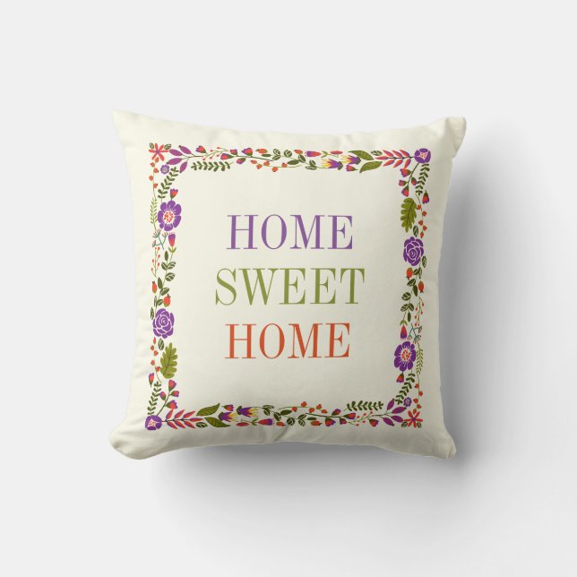 Cojín Decorativo "HOME SWEET HOME" primavera morado floral, naranja (Anverso)
