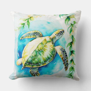 Cojín Decorativo Honu hawaiano con Plumeria y acuarela
