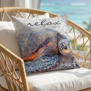 Cojín Decorativo Honu Tortuga Marina Hawaiana Foto Relax Script Bol