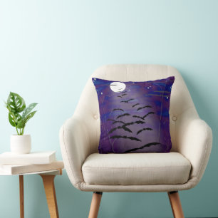 Cojín Decorativo Hora embrujada con luna llena blanca y murciélagos