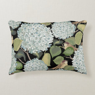 Cojín Decorativo Hortensia azul blanco claro con hojas verdes y