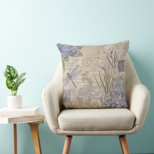 Cojín Decorativo Hortensia Periwinkle y Libélula Shabby Chic