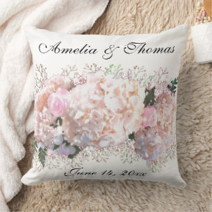 Cojín Decorativo Hortensias de encaje blanco romántico rosas rosada