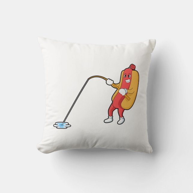 Cojín Decorativo Hotdog at Fishing with Fishing rod (Anverso)