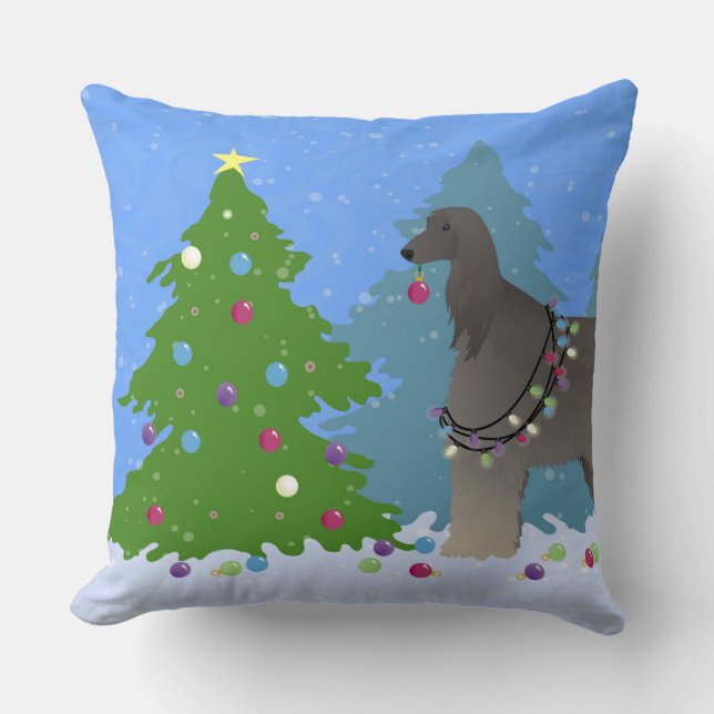 Cojín Decorativo Hound afgano decorando navidades y bosques de árbo (Anverso)