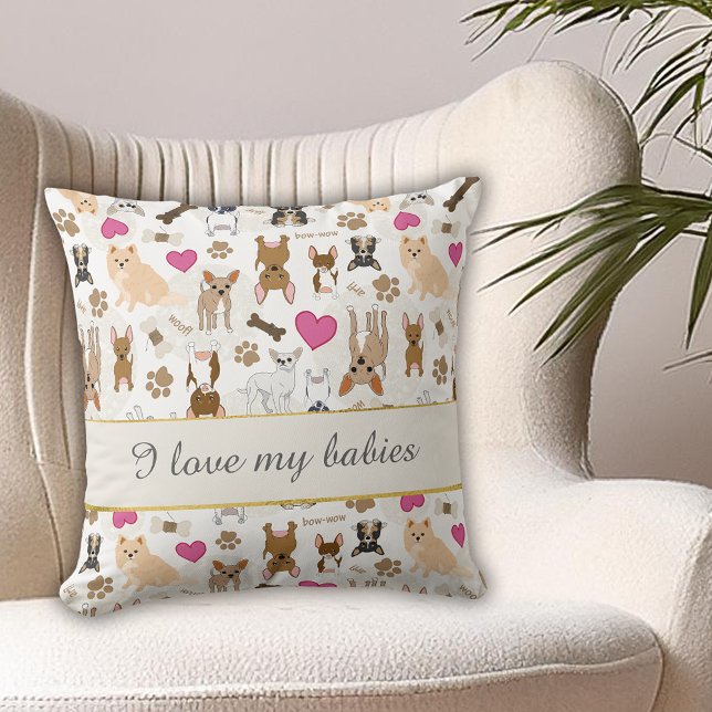 Cojín Decorativo Huellas de patas de perros tontos y bonitos de Chi (Chihuahua Cute Silly Dogs Paw Prints Bone Pattern Throw Pillow. Personalize with a name or slogan.)