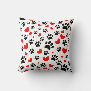 Cojín Decorativo Huellas de Perro Aleatorias y Corazones Rojos