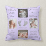 Cojín Decorativo Huellas múltiples de foto Lavender Nacimiento Keep<br><div class="desc">Crea un recuerdo de los nacimientos que es tan único como tu precioso hijo con este diseño de cuatro fotos de "Hello Little One" que muestran el nombre de tu bebé, las estadísticas de los nacimientos, los nombres de padres y hermanos. En el centro hay dos líneas de plantilla para...</div>