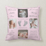 Cojín Decorativo Huellas múltiples foto de nacimiento rosado Keepsa<br><div class="desc">Crea un recuerdo de los nacimientos que es tan único como tu precioso hijo con este diseño de cuatro fotos de "Hello Little One" que muestran el nombre de tu bebé, las estadísticas de los nacimientos, los nombres de padres y hermanos. En el centro hay dos líneas de plantilla para...</div>