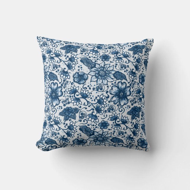 Cojín Decorativo Hues azules clásicos | Flores bohemias (Anverso)